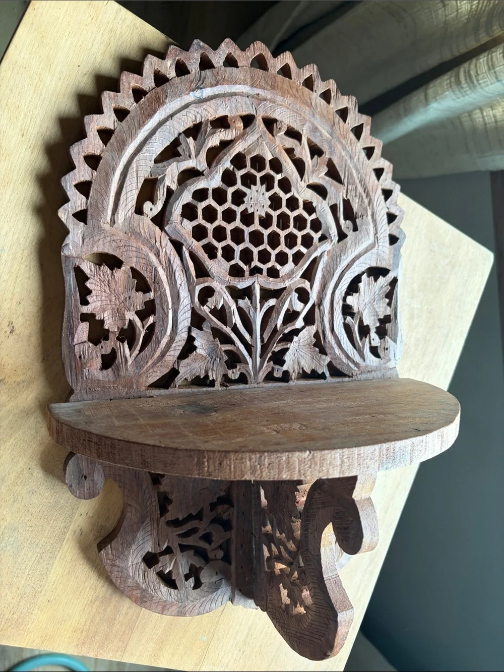 Hand-Carved Brown Wooden Wall Shelf